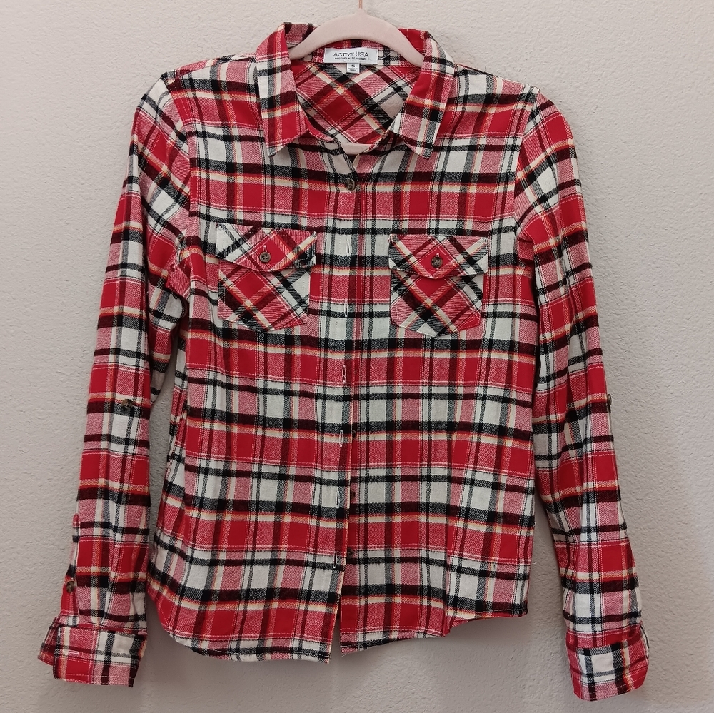 Active USA Plaid Flannel Shirt Small Roll Tab Sleeves Red